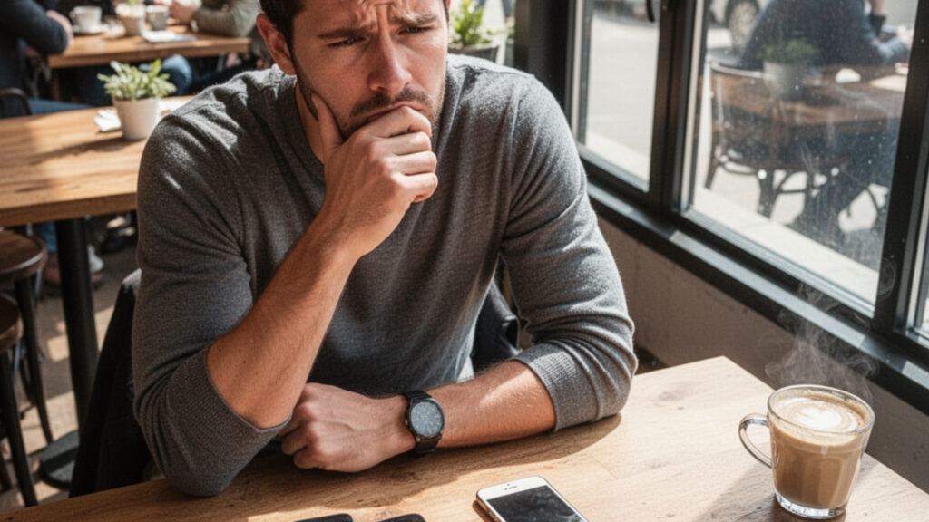 uomo guarda telefono senza scrivere no contact dopo una rottura